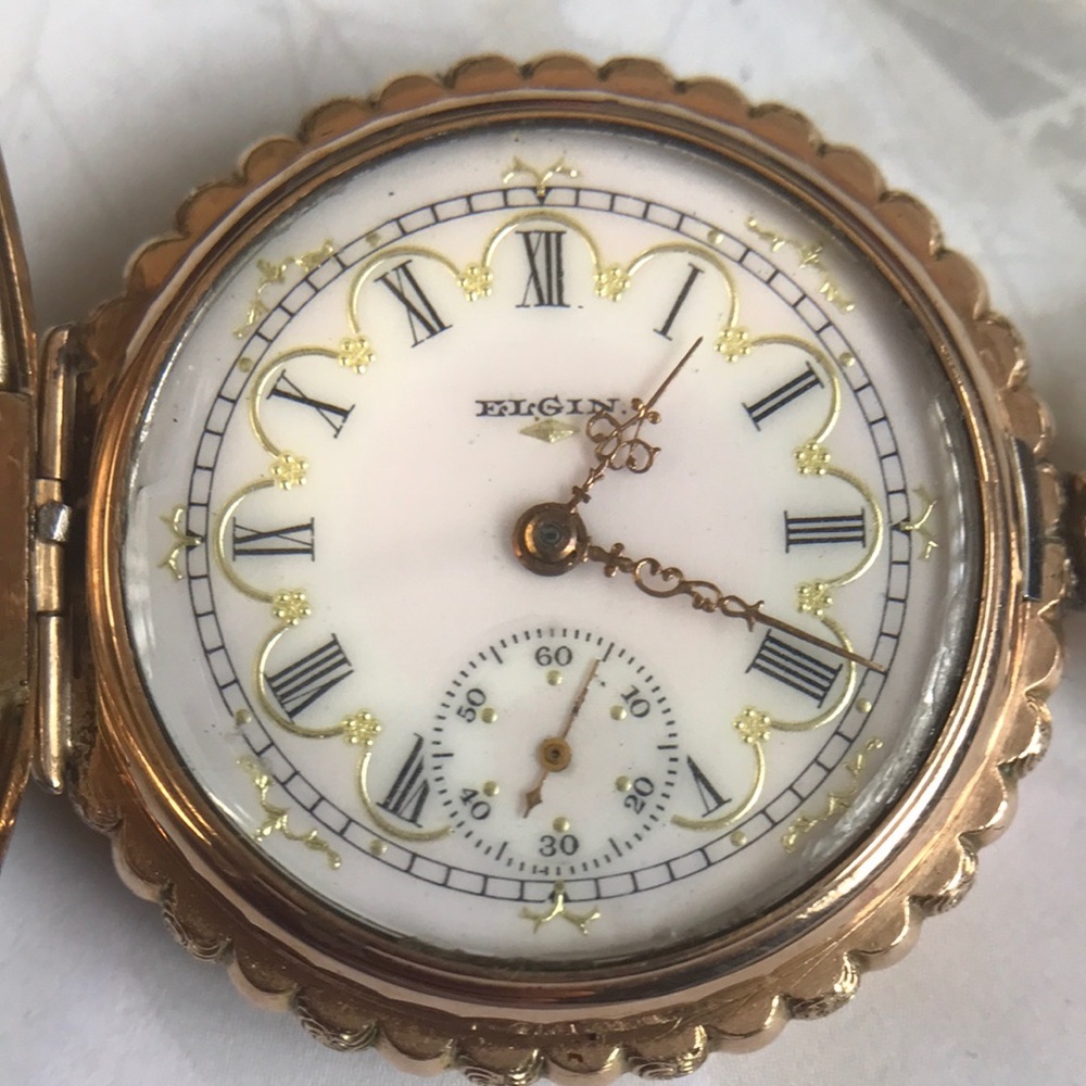 Solid 13k Gold Elgin 122yr Old Scalloped Case 15J Fancy Dial Pocket Watch. Runs!